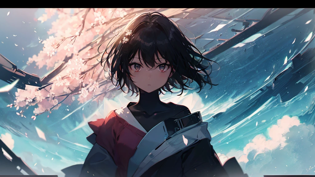 Product illustration for Girl in the Wind,cherry blossoms,In water,water,black hair,short bob,white skin,Pale complexion,Light skin tone,face forward,Are standing