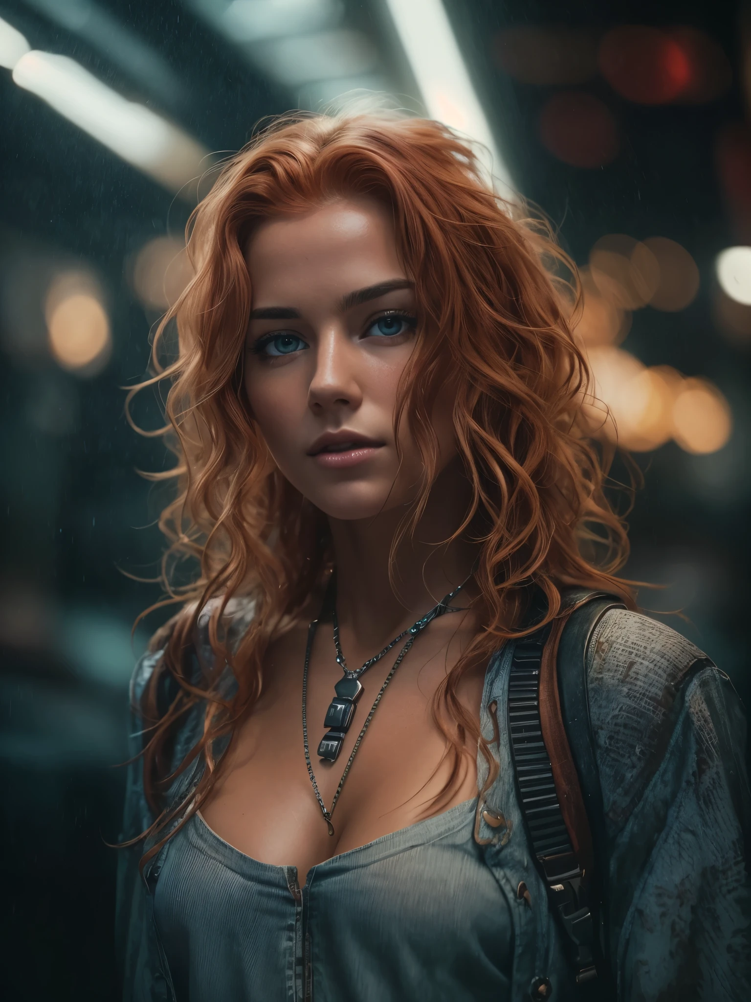 Full face portrait photo of a 25-year-old European girl, RAW, beautiful woman, semi-open strawberry lips, dimples, wistful look, (extra-long wavy red-blond hair), ((detailed face)), ((detailed facial features)), (finely detailed skin), tanned skin, (deep neckline detailed high-tech cyberpunk dress), cyberpunk megacity environment, (cool colors), damp, damp, reflections, (masterpiece) (perfect proportion)(realistic photo)(best quality) (detailed) shot on a Canon EOS R5, 50mm lens, F/2.8, HDR, (8k) (wallpaper) (cinematic lighting) (dramatic lighting) (sharp focus) (intricate), RAW photo, RAW photo, gigachad photo, posing for camera, black jeans, back arms, 8k uhd, dslr, high quality, grain film, Fujifilm XT3, film stock photography 4 kodak portra 400 camera f1.6 lens rich colors hyper realistic texture dramatic lighting unrealengine trend in artstation cinestill 800 tungsten, toughboy style, ultra focus face, intimidating, in fighting position, short messy hair, muscular, bursting veins, beaded