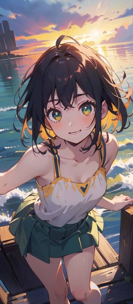 (masterpiece), (highest quality), Ultra-high resolution, Sharp focus, ((1 female, alone)), whole Body, Photo profile shots, Beautiful detailed hair, Chestnut Hair, Fluffy short bob hair, yellow camisole, Black mini skirt, Beautifully detailed face, ((Beautifully shaped eyes, Green Eyes)), Perfect feminine face, Comfortable face, View Viewer, smile, Open your lips, sea in the morning clouds, meteor, Comfortable clothing for cloudy days,  leaning forward pose, sexy
