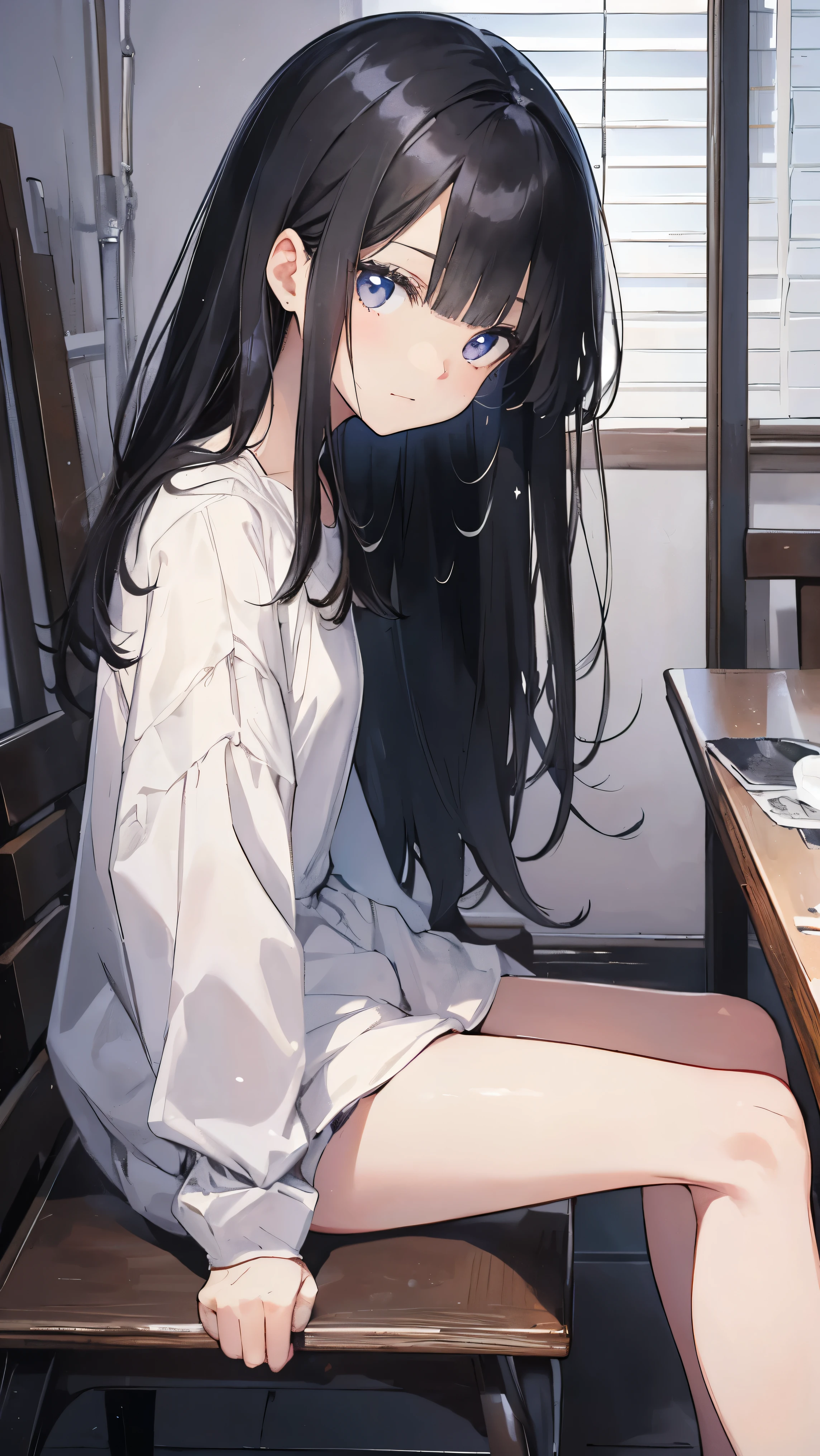 Masterpiece、Highest quality、highest quality、wet black hair、(((Lori)))、((((Petite))))、Shiny hair quality、Small face、Sitting、Super detailed, beautiful, wide eyes、Ultra-detailed, clear and beautiful faces、(cute illustration:1.2), High-resolution, ultra-detailed, best quality, embarrassed