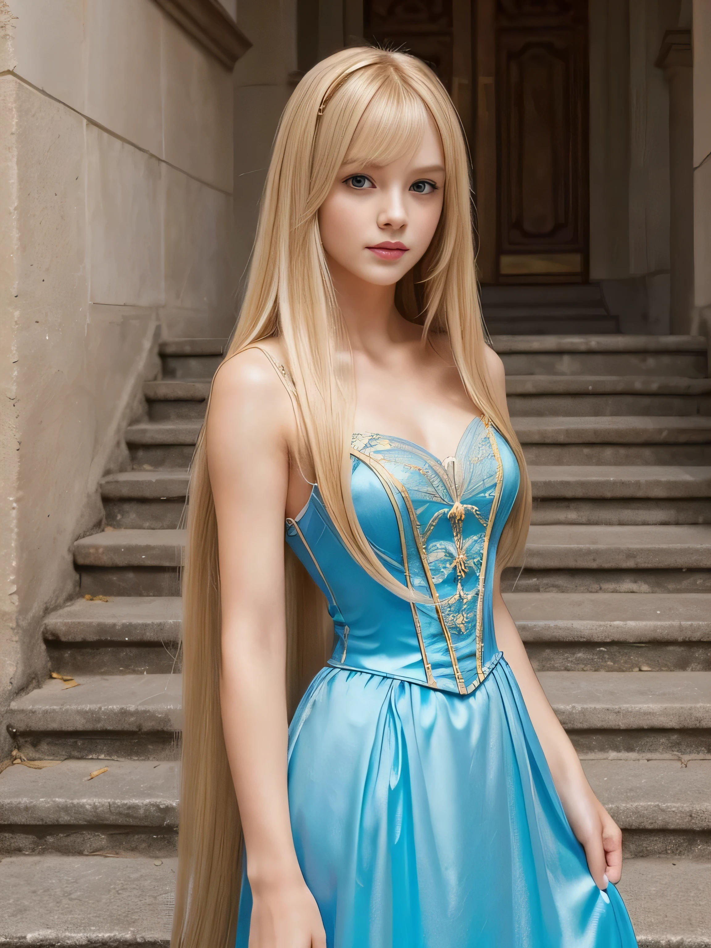 ((Full Shot:1.3)) (big 1.4) Beautiful Fantasy Girl ((highest quality)), ((masterpiece)), (Get used to it), Perfect Face (1 girl) (French) (She 、The cutest teen in France.) ((highest quality)), ((masterpiece)), length blonde hair length, shining golden hair,Golden Silky Hair, Straight blonde hair, length blonde straight hair, Perfect Silky Straight Hair, Straight blonde hair, length blonde hair, Her hair is long and straight, detailed length blonde hair ((big 1.4)) Super Long Hair down to the ankles ((Neat bangs The neatly trimmed bangs are princess cut and cover the entire forehead.......))... bright crimson lips good, Anatomically correct hand Thin fingers Anatomically correct five fingers Sexy professional makeup Beautiful French girl face, French facial features, Long Hair shiny Long Hair, length, shining golden hair, length, Straight Golden Hair, Her hair is long and straight, Super Long Hair girl, Silky Hair, length blonde hair, Silky Hair, length, Flat Hair, Silky texture, Long Hair, length, flowing blonde hair, thin and shiny hair Anatomically correct、White beautiful human skin and detail of hands and fingers Beautiful Eyes Mouth Details the corners of the mouth rise slightly Cool look (The eyebrows are dark brown in color) (She is wearing the gorgeous blue dress worn by Cinderella in the live-action version. Disney Color Photos、tumbler、Renaissance、Cinderella、She is wearing a gorgeous Victorian blue dress.) (This is a 16th century European town.:1.3) (She is posing as if she is casting a spell with a magic wand.)