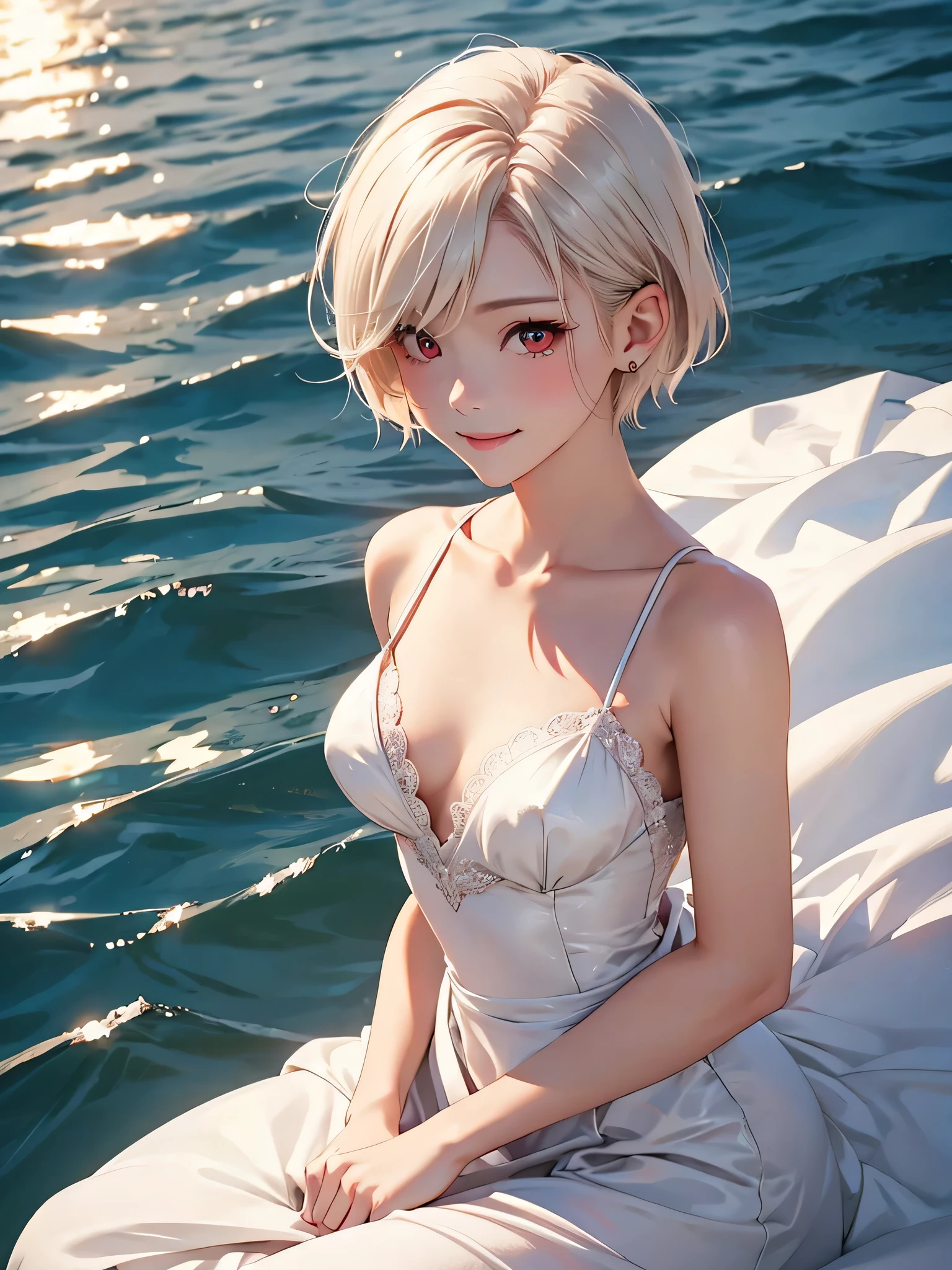 highest quality、Realistic、Women、Japanese、zoom、look up、cute、smile、Ocean、Red eyes、Platinum Blonde Hair、Very Short Hair、Wedding dress、Face close-up、slender、Small breasts