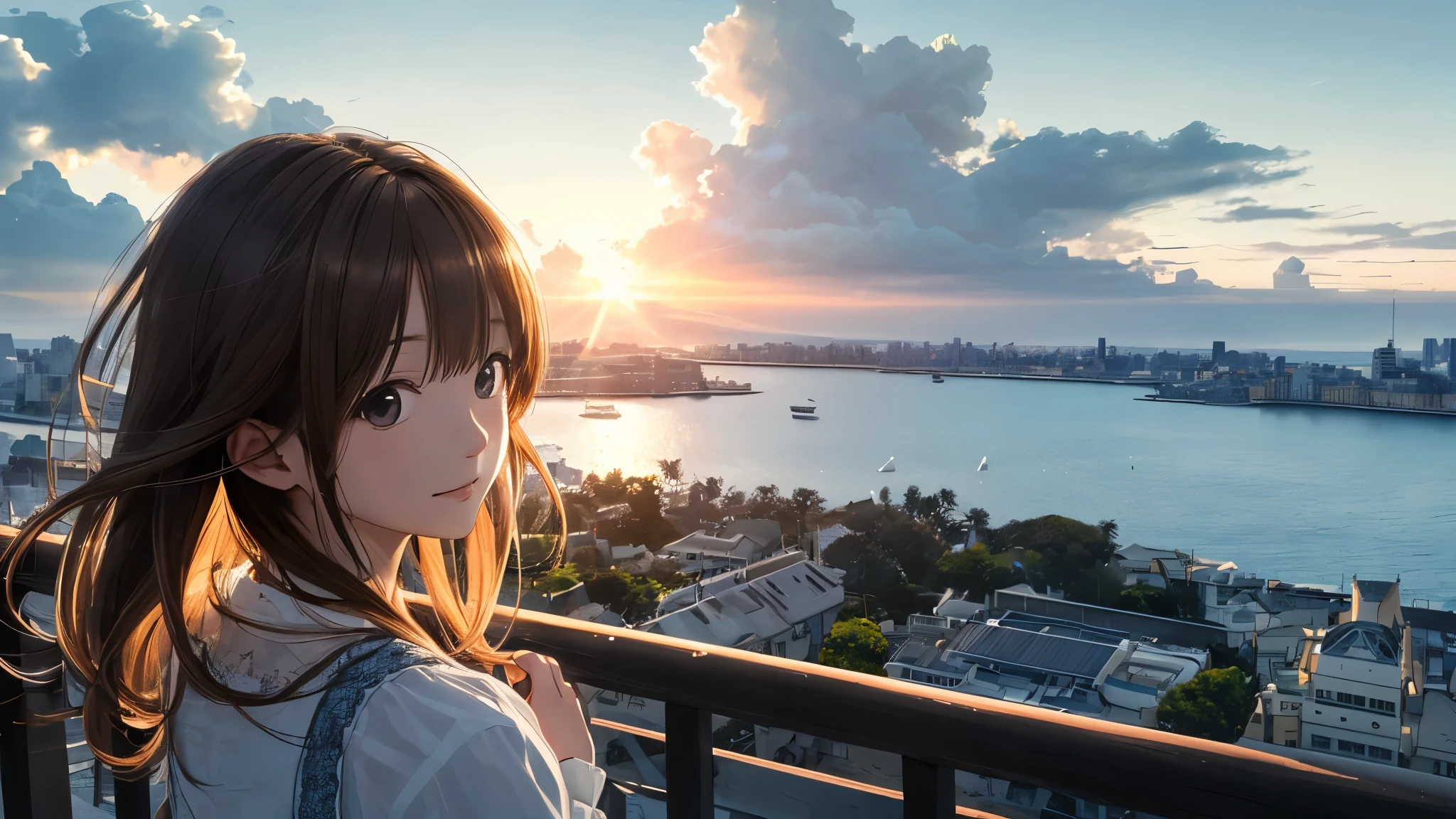 Shiraishi Mai, Looks exactly like Shiraishi Mai,Oceanの方を向いている後ろ姿、Woman looks up at the sky ,Long Hair, Dark brown hair, 2 girls, 18-year-old, photograph, Realistic, highest quality, Detailed face, Strong sunlight, Ocean, Embankment, Detailed Background, Diffused sunlight, Depth of written boundary, Bokeh (highest quality: 1.2), (masterpiece: 1.2), Watch Viewer, one piece, White Theme, ,Distant view、(((Panorama:1.2)))