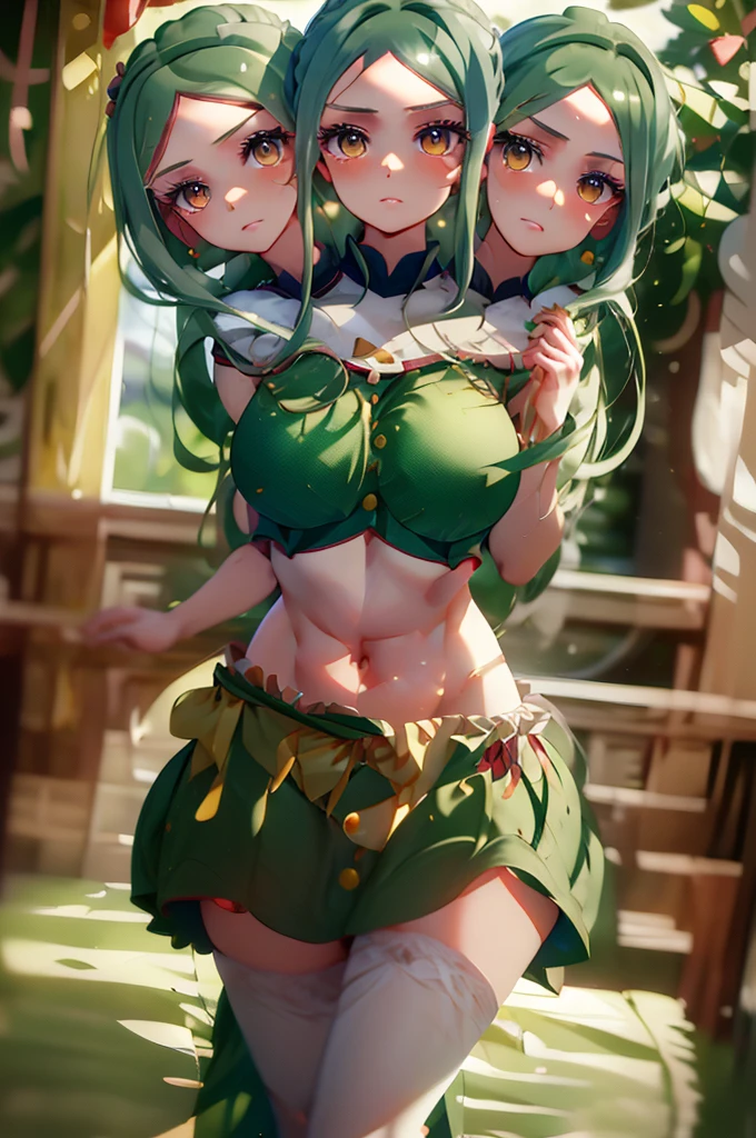 (masterpiece, best quality), best quality, (ultra-detailed), (3heads:1.5), 1girl, (mai tereida:1.3), masterpiece, best quality, ultra quality, ultra resolution, dark green top, crop top, ((stomach)), midriff, ((groin)), dark green skirt, normal ears, shackles, reseda green hair, very long hair, wavy hair, long sidelocks, pea colored eyes, parted lips, sweat, cute, toned belly, hand on own chest, eyelashes, (24 year old woman:1.3), (masterpiece:1.5), (best quality:1.5), (beautiful detailed), extremely detailed CG, extremely delicate and beautiful, depth of field, (finely detailed face), (perfect details:1.2), (mature female:1.3), wide pelvis, slender, large veiny breast, 16k resolution, highres, very high quality, very high definition, extremely detailed, masterpiece, reseda green hair, long hair, alluring presence, braid, short skirt, close up, big , young, waist apron,