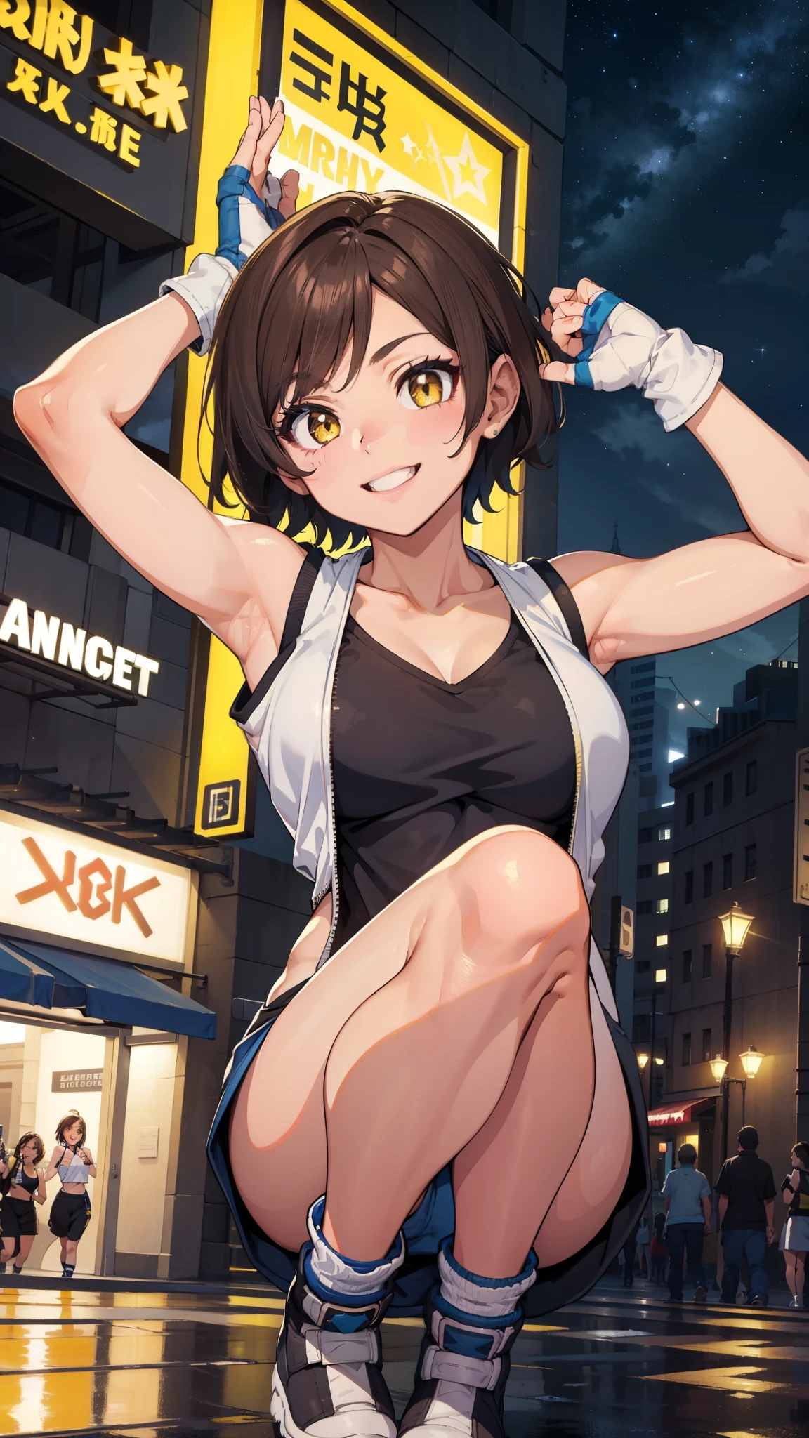 street dancer,  short hair, brown hair, yellow glowing eyes, perfect lips,big smile , confident smile,cute expression, cute face, cute pose, fingerless gloves, gun, tank top, jacket, cute pose, ultra detailed face, long eyelashes, sharp eyes , Fullbody shot, dinamic viewer, night sky 