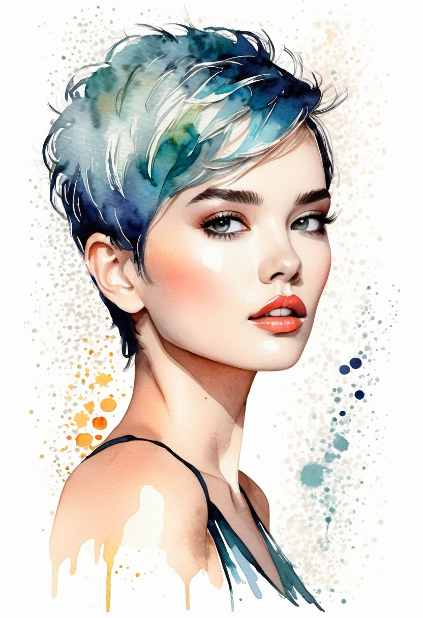 chica de pelo corto pixie arte moderno, minimalismo, contemporary elegance, dreamcore, moda elegante , fusion of watercolor and digital illustration, colores limpios, minimalistas y vibrantes