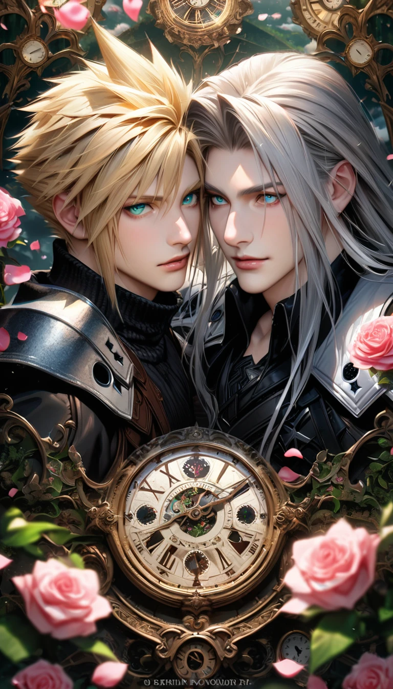 absurdres, highres, ultra detailed, HDR, masterpiece, extremely detailed face and eyes, realistic face, Cloud Strife, blond hair, expressive blue eyes, Final Fantasy VII remake, Sephiroth, grey long hair, expressive green eyes, two men together, gay couple, handsome, black clothes, patterns, pink roses, blossoms, petals, in wonderland, clock