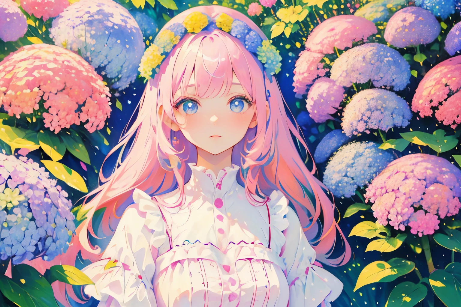 Top quality, close-up of a woman in a dress, the dress has many pink and blue hydrangea decorations, front view, bright atmosphere