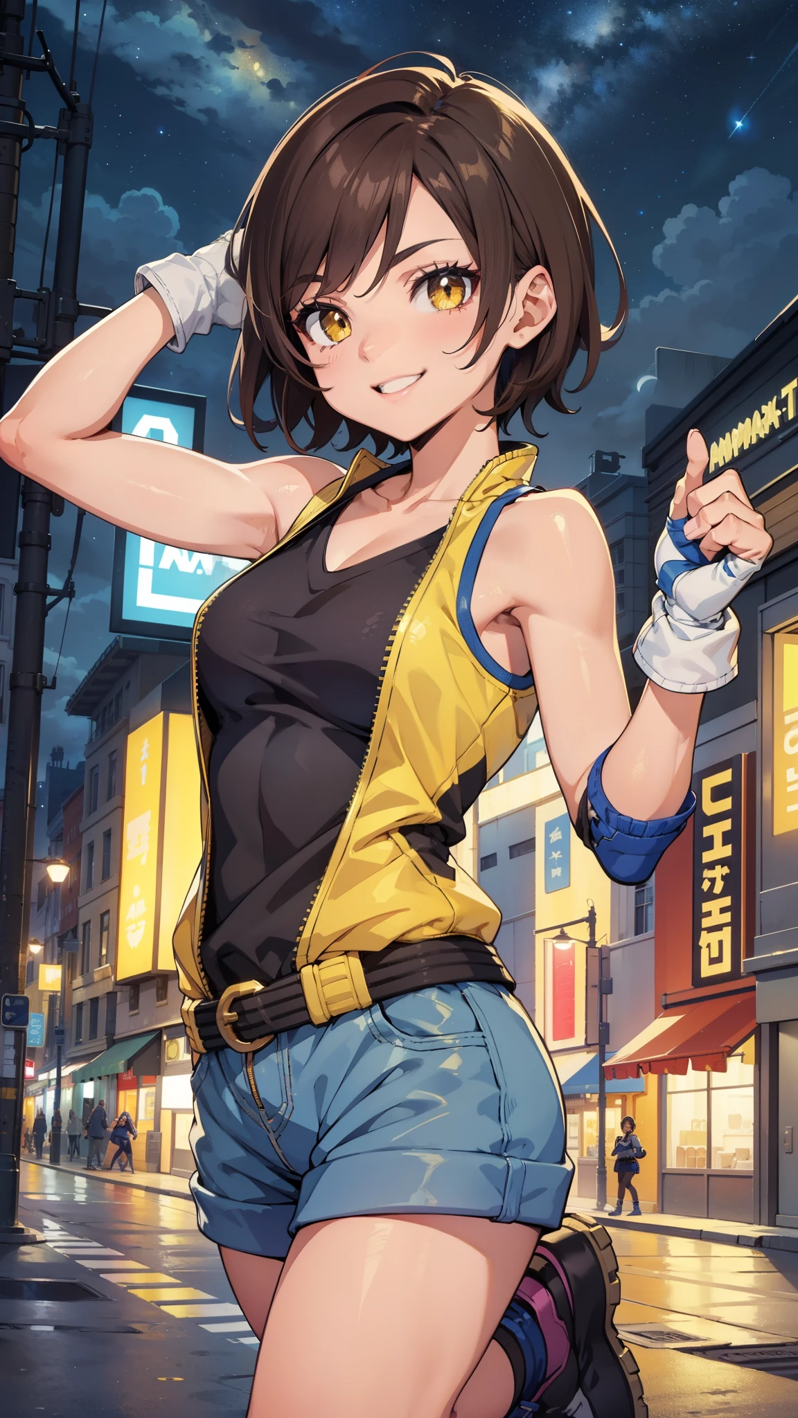 street dancer,  short hair, brown hair, yellow glowing eyes, perfect lips,big smile , confident smile,cute expression, cute face, cute pose, fingerless gloves, gun, tank top, jacket, cute pose, ultra detailed face, long eyelashes, sharp eyes , Fullbody shot, dinamic viewer, night sky 