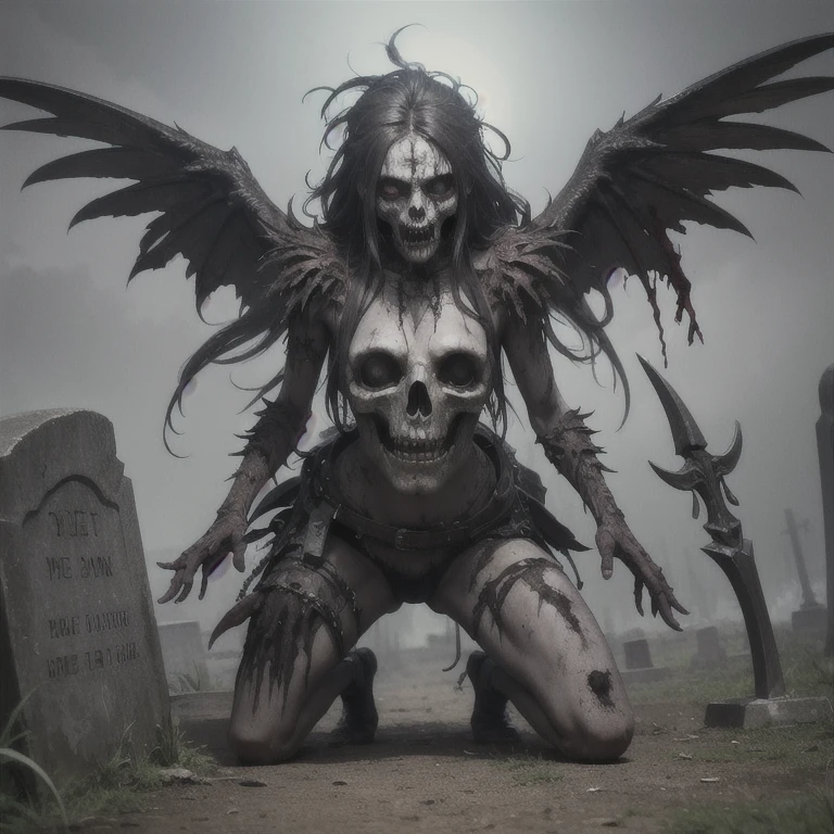 Fine matte painting, skeleton dark angel big wings haunted castle on drawing table full of knives, horror, spookiness, scary, secret horror, tentacles, vines, eyes, uncanny valley effect teeth, limbs, animals, blood moon