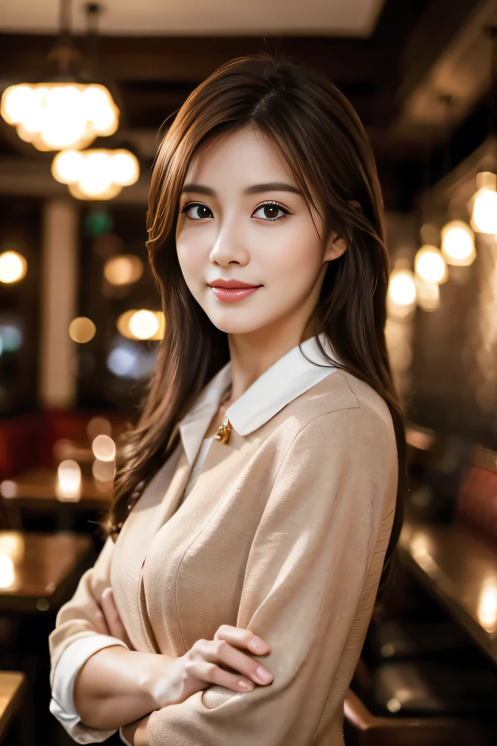 masterpiece, highest quality, Realistic, Very detailed, Finer details, High resolution, 8k wallpaper, One beautiful woman, Wear casual business attire, In a great restaurant, At night, Light brown messy hair, Perfect dynamic composition, Beautiful and beautiful eyes