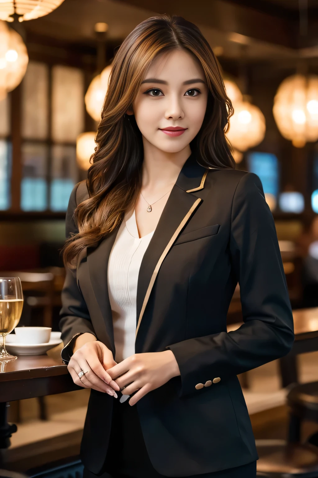 masterpiece, highest quality, Realistic, Very detailed, Finer details, High resolution, 8k wallpaper, One beautiful woman, Wear casual business attire, In a great restaurant, At night, Light brown messy hair, Perfect dynamic composition, Beautiful and beautiful eyes