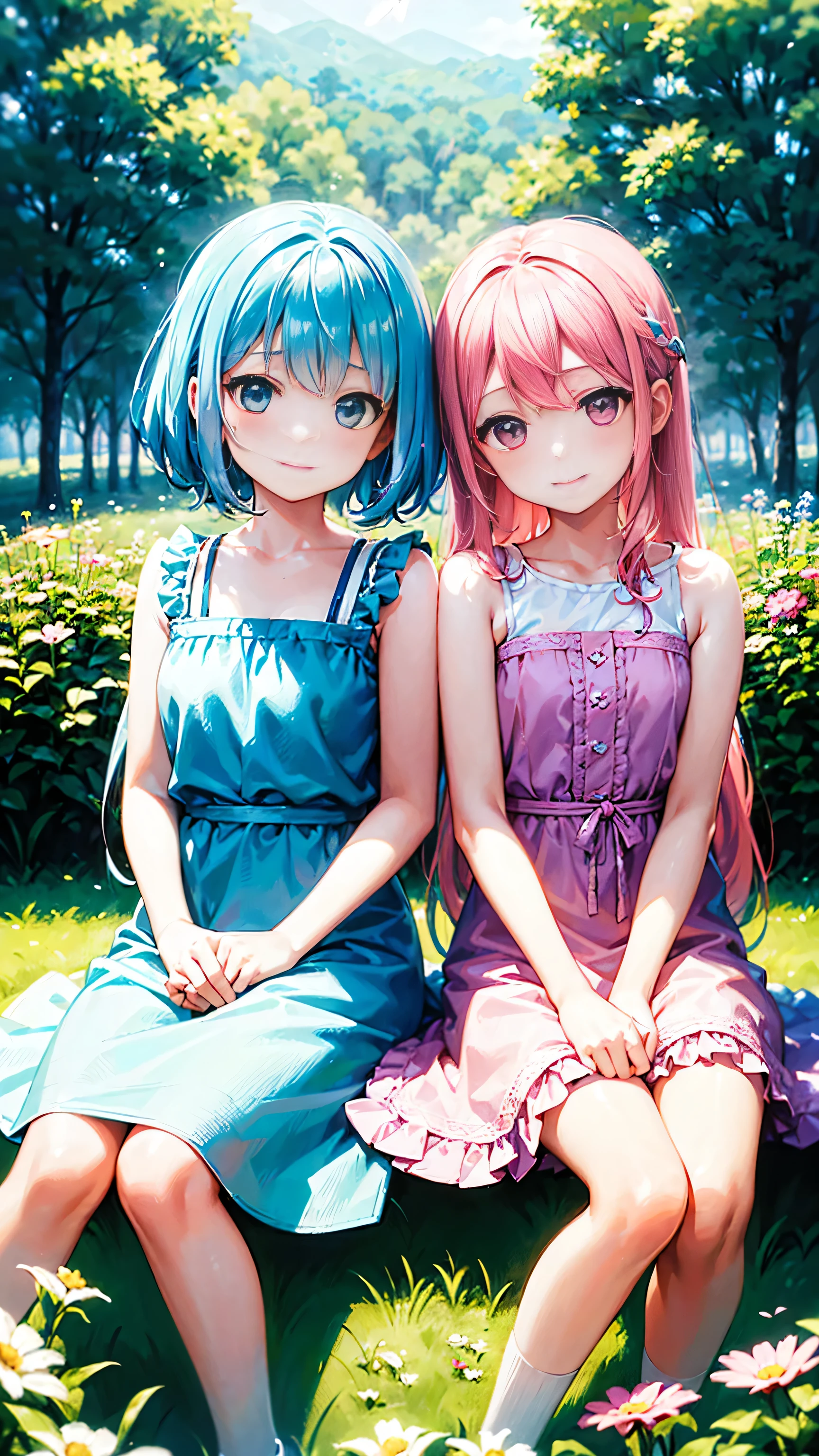 Two pure and innocent girls、10 years old、2 people(One with pink hair、1 Name Light Blue Hair)、Cute face、Beautiful Eyes、Natural beauty、Warm sunshine、Wildflowers swaying in the breeze々Surrounded by、Enjoying time in the fields。Butterflies and birds flutter around her、Creates a playful atmosphere。
