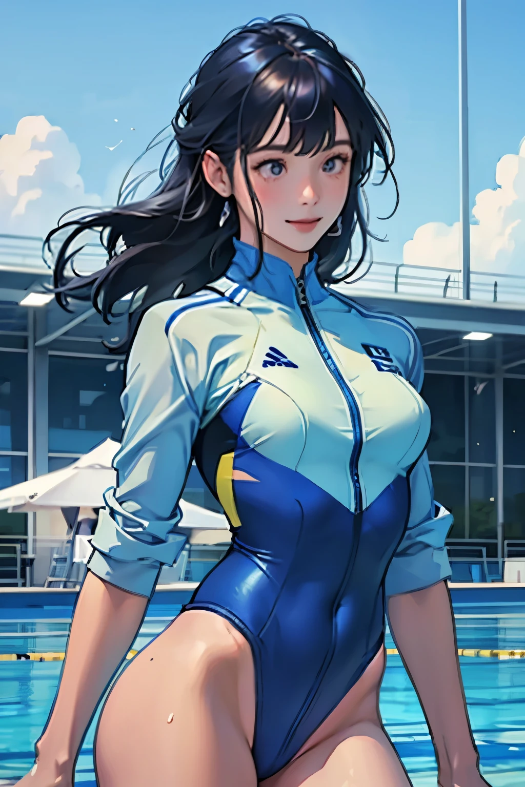 masterpiece、highest quality、High resolution、Two realistic girls、Competitive swimmer、Close-up of a person、Wearing a blue bodysuit、During Competitive swimmerics competitions、smile、Swimming Venues、Sexy competitive swimsuit 