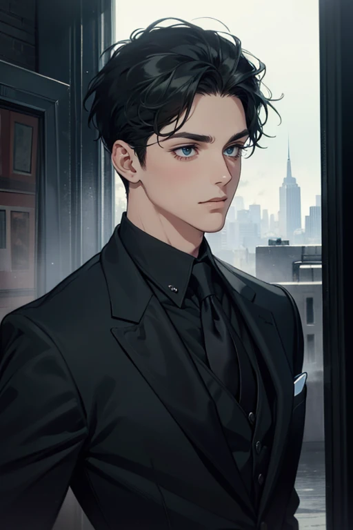 ((One man with a black suit and tie)), gotham, 1980s, alejandro, (((one-side swept black short hair))), (dark green eyes and thick eyebrows), smirk, ((20 years old)), ((masterpiece)), posture dynamic,
