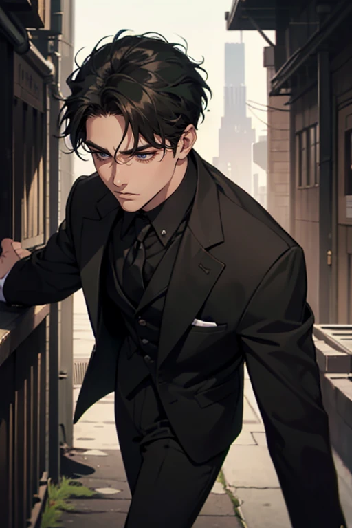 ((One man with a black suit and tie)), gotham, 1980s, alejandro, (((one-side swept black short hair))), (dark green eyes and thick eyebrows), smirk, ((20 years old)), ((masterpiece)), posture dynamic,