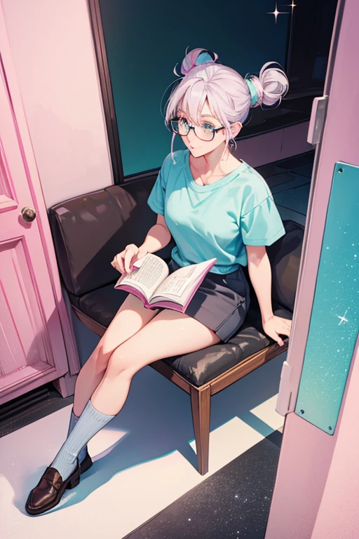 She is pink with gray hair tied into a bun and a darker pink dorsal fin. She wears reading glasses with blue shades, a green shirt, white socks, and brown shoes. SPARKLE; GLITTER