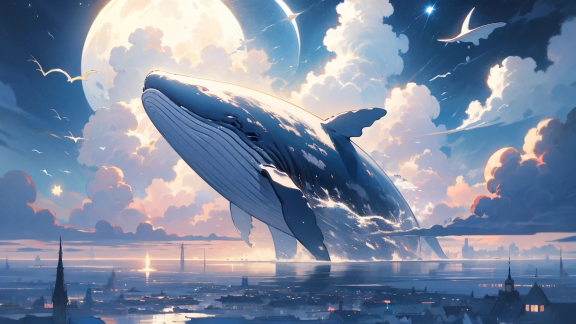 humpback whale, cloud,(building), null, moon, star (null), scenery, No humans, starry null, night, fish, night null, full moon, cloudy null, Outdoor, Fantasy