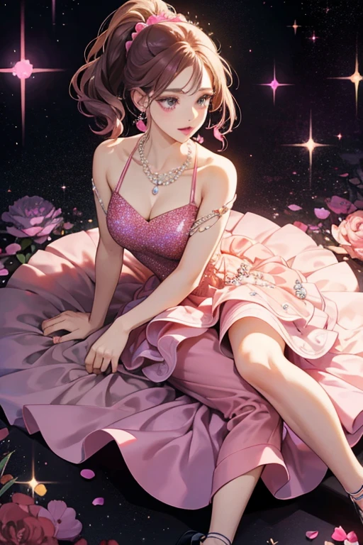 She is a purple with dark blonde hair and dark pink lips. She wears a coral pink dress, a white pearl necklace, and black shoes. SPARKLE; GLITTER