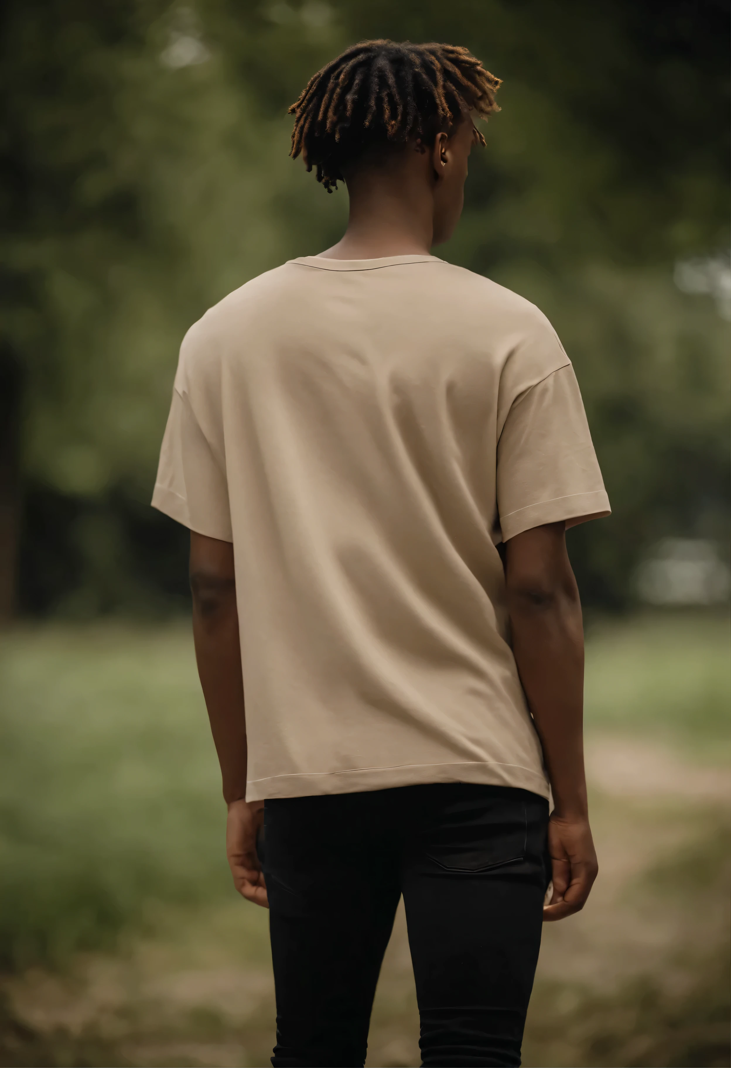 male, man, 18 year old, beige oversize t-shirt, back view, short dread hair, wide black jeans