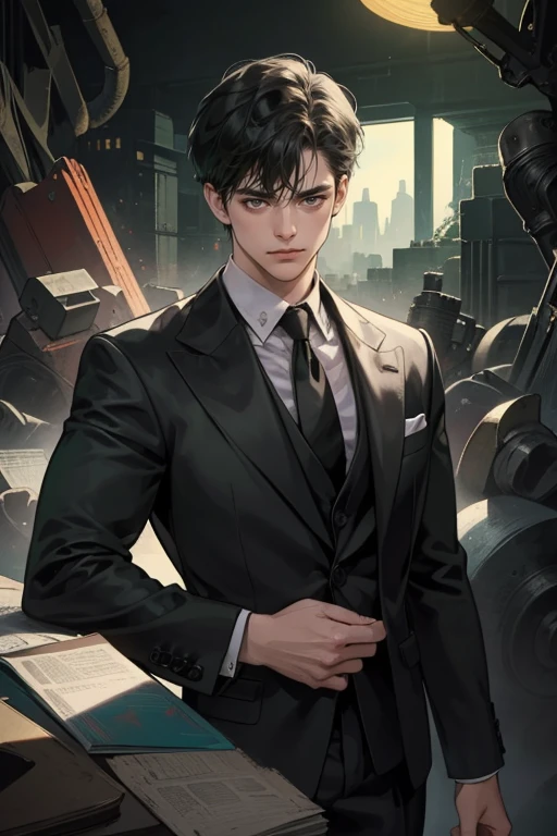 ((One man with a black suit and tie)), gotham, 1980s, alejandro, (((one-side swept black short hair))), (dark green eyes and thick eyebrows), smirk, ((20 years old)), ((masterpiece)), posture dynamic,