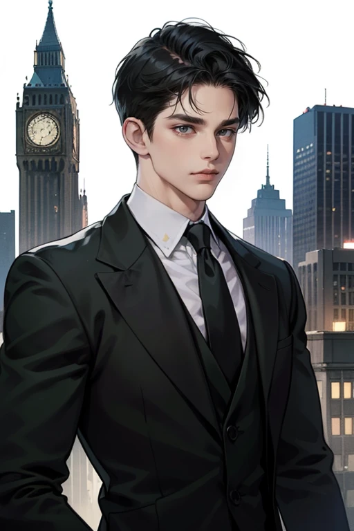 ((One man with a black suit and tie)), gotham, 1980s, alejandro, (((one-side swept black short hair))), (dark green eyes and thick eyebrows), smirk, ((20 years old)), ((masterpiece)), posture dynamic,