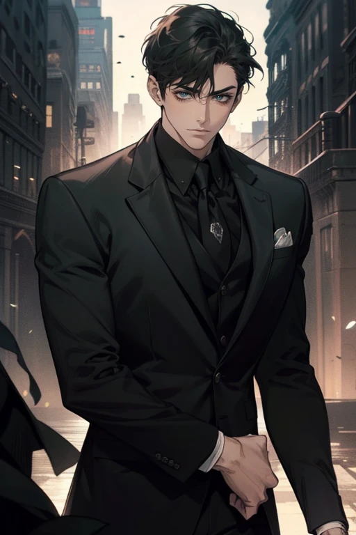 ((One man with a black suit and tie)), gotham, 1980s, alejandro, (((one-side swept black short hair))), (dark green eyes and thick eyebrows), smirk, ((20 years old)), ((masterpiece)), posture dynamic,
