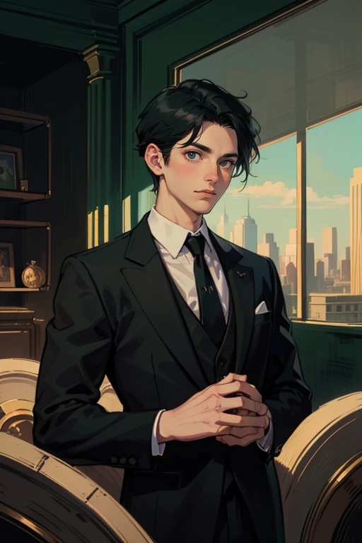 ((One man with a black suit and tie)), gotham, 1980s, alejandro, (((one-side swept black short hair))), (dark green eyes and thick eyebrows), smirk, ((20 years old)), ((masterpiece)), posture dynamic,