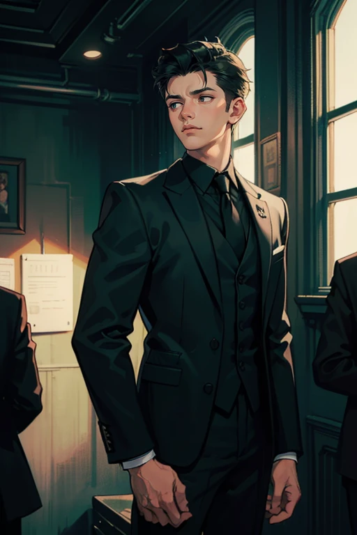 ((One man with a black suit and tie)), gotham, 1980s, alejandro, (((one-side swept black short hair))), (dark green eyes and thick eyebrows), smirk, ((20 years old)), ((masterpiece)), posture dynamic,