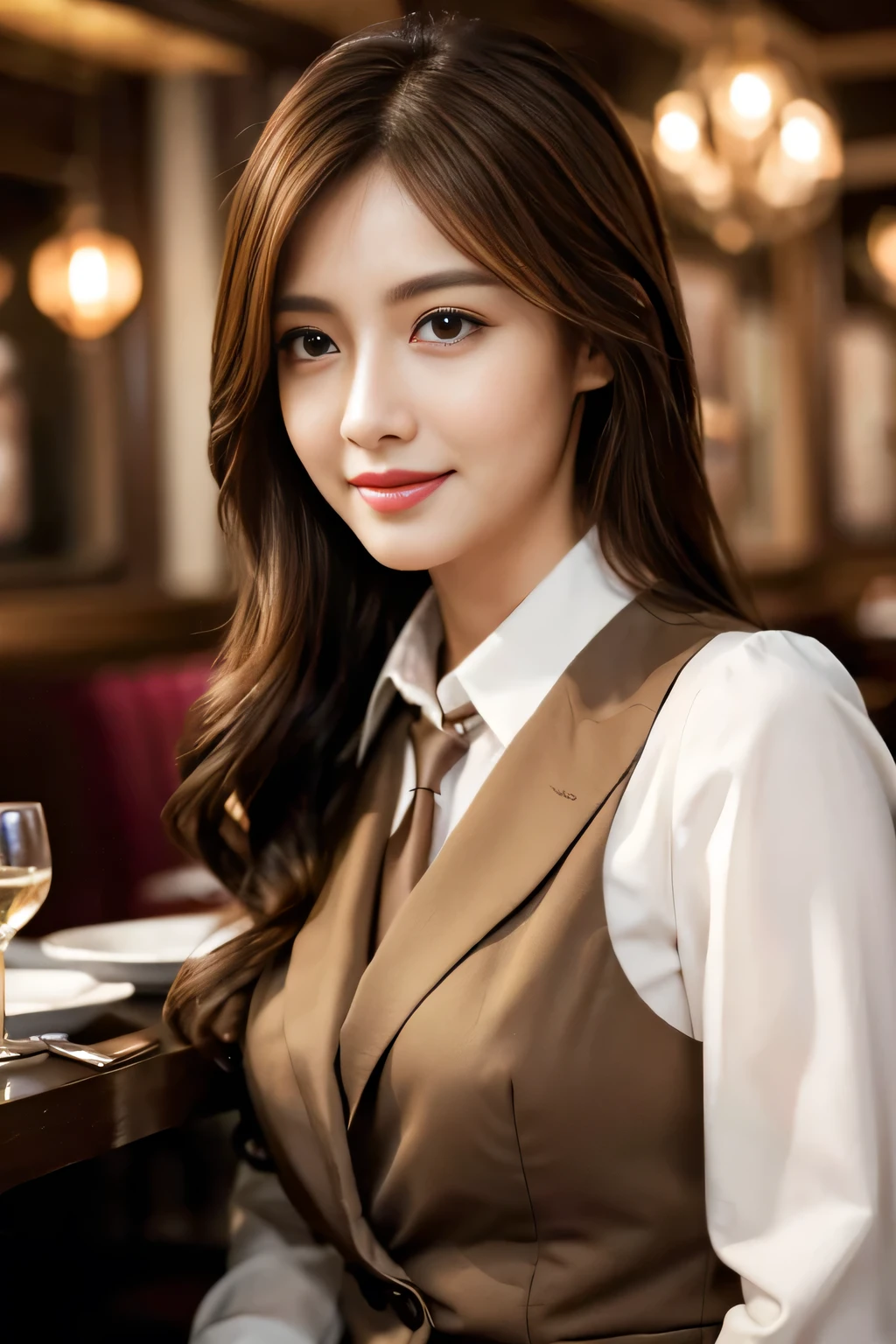 masterpiece, highest quality, Realistic, Very detailed, Finer details, High resolution, 8k wallpaper, One beautiful woman, Wear casual business attire, In a great restaurant, At night, Light brown messy hair, Perfect dynamic composition, Beautiful and beautiful eyes