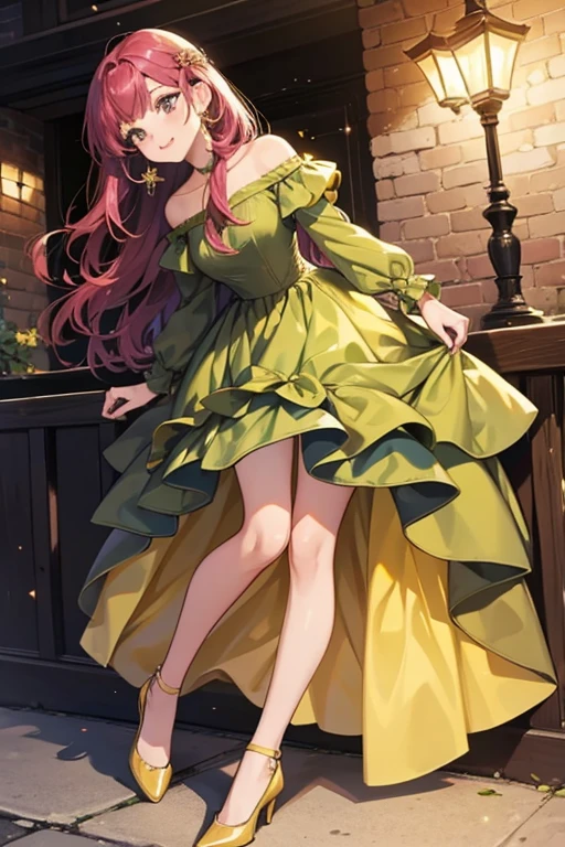 She is an olive green with plum colored hair who wears a yellow prom dress with matching shoes. SPARKLE; GLITTER