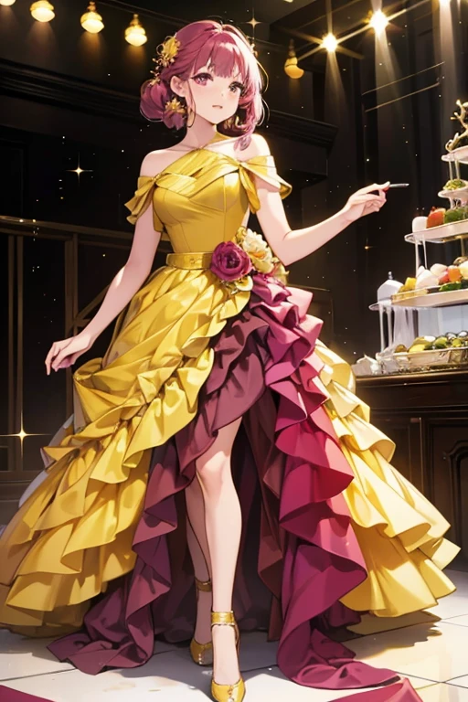 She is an olive green with plum colored hair who wears a yellow prom dress with matching shoes. SPARKLE; GLITTER