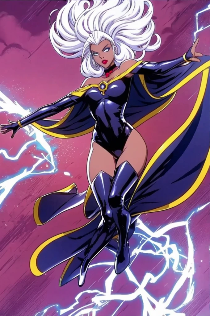 CARTOON_X_MENs_Storm,ownwaifu, mohawk hair,white hair,dark skin,dark-skinned female,breasts,lips,blue eyes,very dark skin,medium breasts,lipstick,floating hair,very long hair,makeup,big hair,curly hair,red lips,eyelashes,toned, jewelry,earrings,cape,bracelet,bodysuit,gloves,superhero,choker, 1girl, solo, looking at viewer,straight-on, upper body, official art, highres, scenery, (masterpiece:1.1), (best quality,:1.1), (high quality:1.1), (anime screencap:1.2),