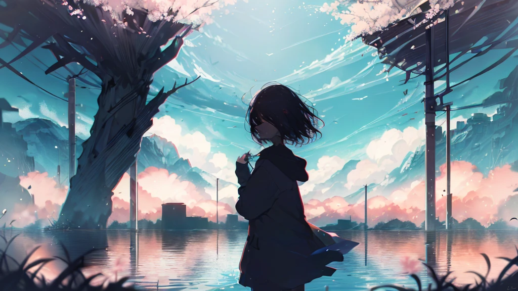 Product illustration for Girl in the Wind,cherry blossoms,In water,water,black hair,short bob,white skin,Pale complexion,Light skin tone,face forward,Are standing