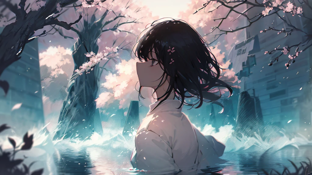 Product illustration for Girl in the Wind,cherry blossoms,In water,water,black hair,short bob,white skin,Pale complexion,Light skin tone,face forward,Are standing