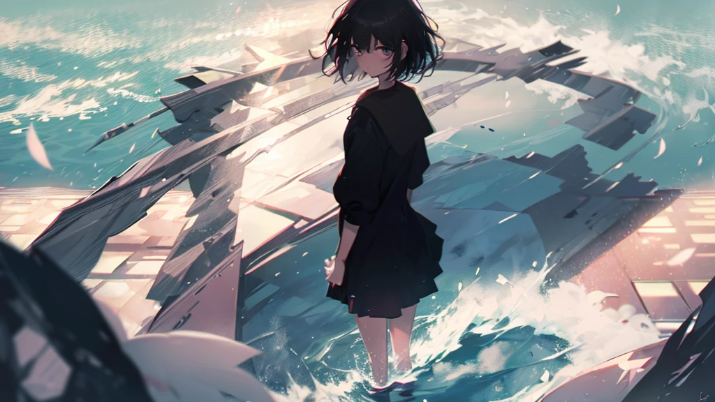 Product illustration for Girl in the Wind,cherry blossoms,In water,water,black hair,short bob,white skin,Pale complexion,Light skin tone,face forward,Are standing