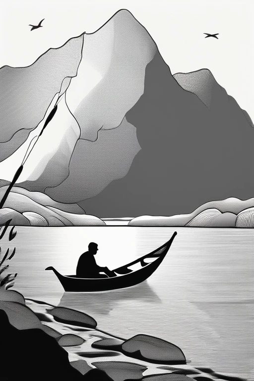 A old man in center of image, fishing rod in hand, large mordern boat, river between mountains, small and large rocks, waterfall in background, only outline used, outline, black and white, datails of frame, day shunshine, sun between clouds, no color (coloring book), just the drawing lines, free line, sketch style, no background, clean lines.