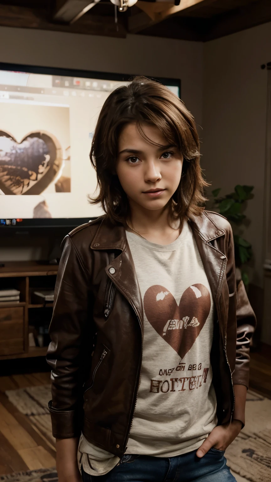 Boy in plaid t-shirt with brown leather jacket holding a heart while question marks fly AROUND him in a super realistic 4k full HD landscape in a room in front of the computer looking at the photo of a girl