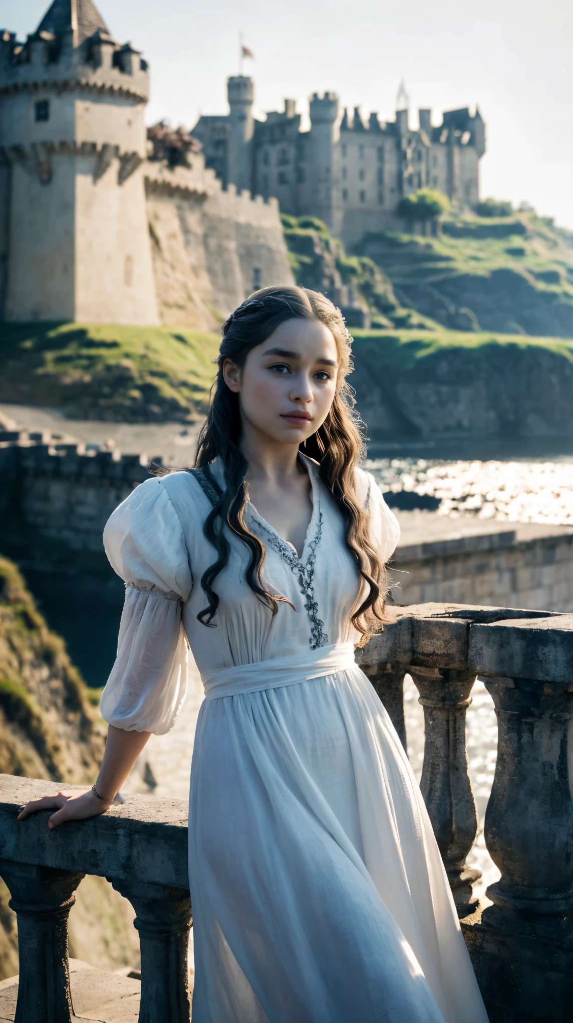 oil (ko_Emilia Clarke), (Long Hair:1.1), (Standing on the balcony), (White tunic:1.1), Perfect Thighs, (Game of Thrones castle in the background:1.2), Atmospheric lighting, Structure of the film, コンセプトart, digital illustration, detailed, art:Brian M. Viveroaciej Kuciara、mark keathley, Natural light, 4K, High definition, ((Perfect Eyes)), (detailed pupils), It's dim, (Gray Hair:1.3)
