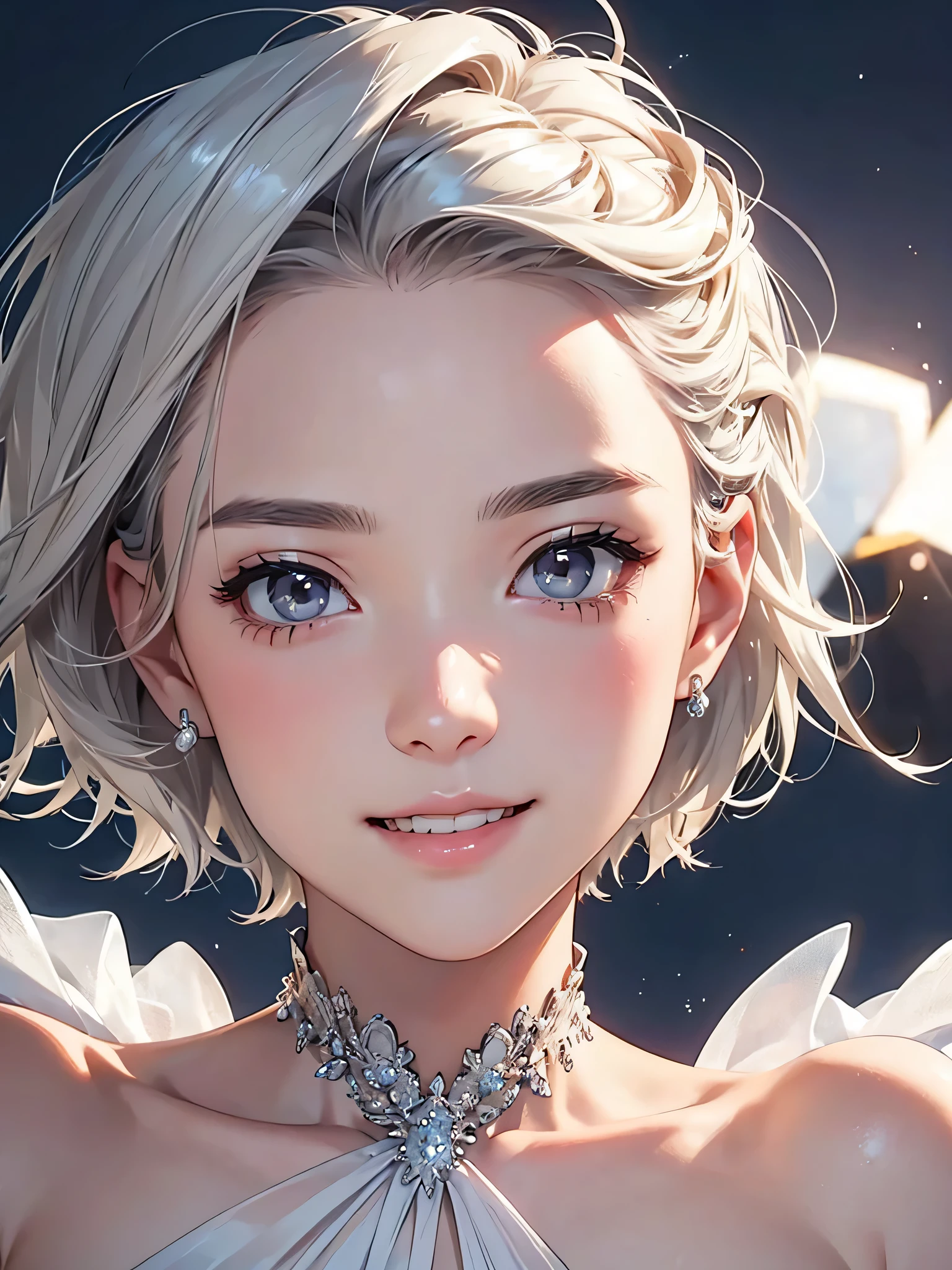 highest quality、Realistic、Women、Japanese、zoom、look up、cute、smile、Ocean、Gray eyes、Platinum Blonde Hair、Very Short Hair、Wedding dress、Face close-up、slender、Small breasts