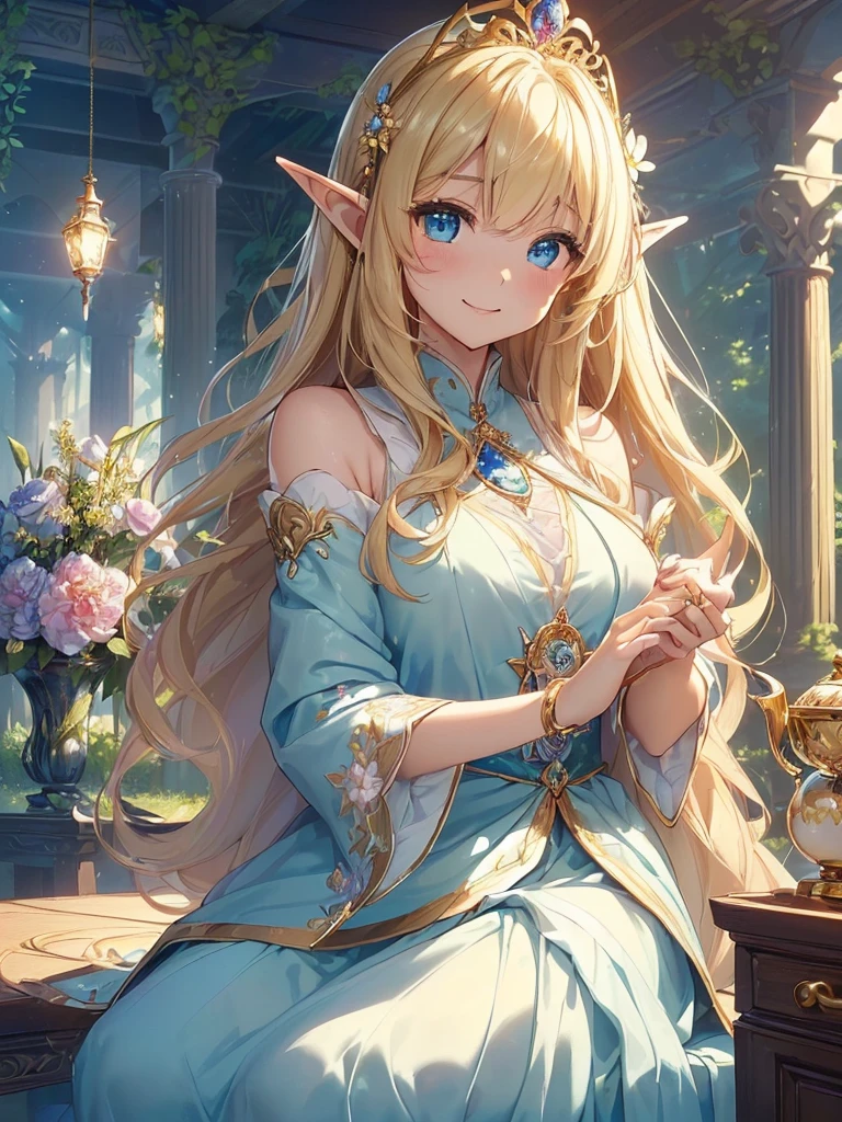 最high quality、Best image quality、masterpiece、The season is spring、With a girl((20-year-old、Best Bust、、Bust 90,Beautiful Blue Eyes、,Blonde long hair、In a beautiful dress、Close-up、Sitting on a chair、table、tea、flower、flower瓶、Magic Harp、Gold ring on wrist、Beautiful tiara、high quality、Beautiful art、Background Asahi、Visual Arts、Depth of written boundary、reading、 、Low angle、Sexy、Elf Ears、Feathers glow in iridescent colors、The magic of light、In the beautiful forest、Big Tree Night、、Fun Concerts、Smile、Gentle light、Magic Palace