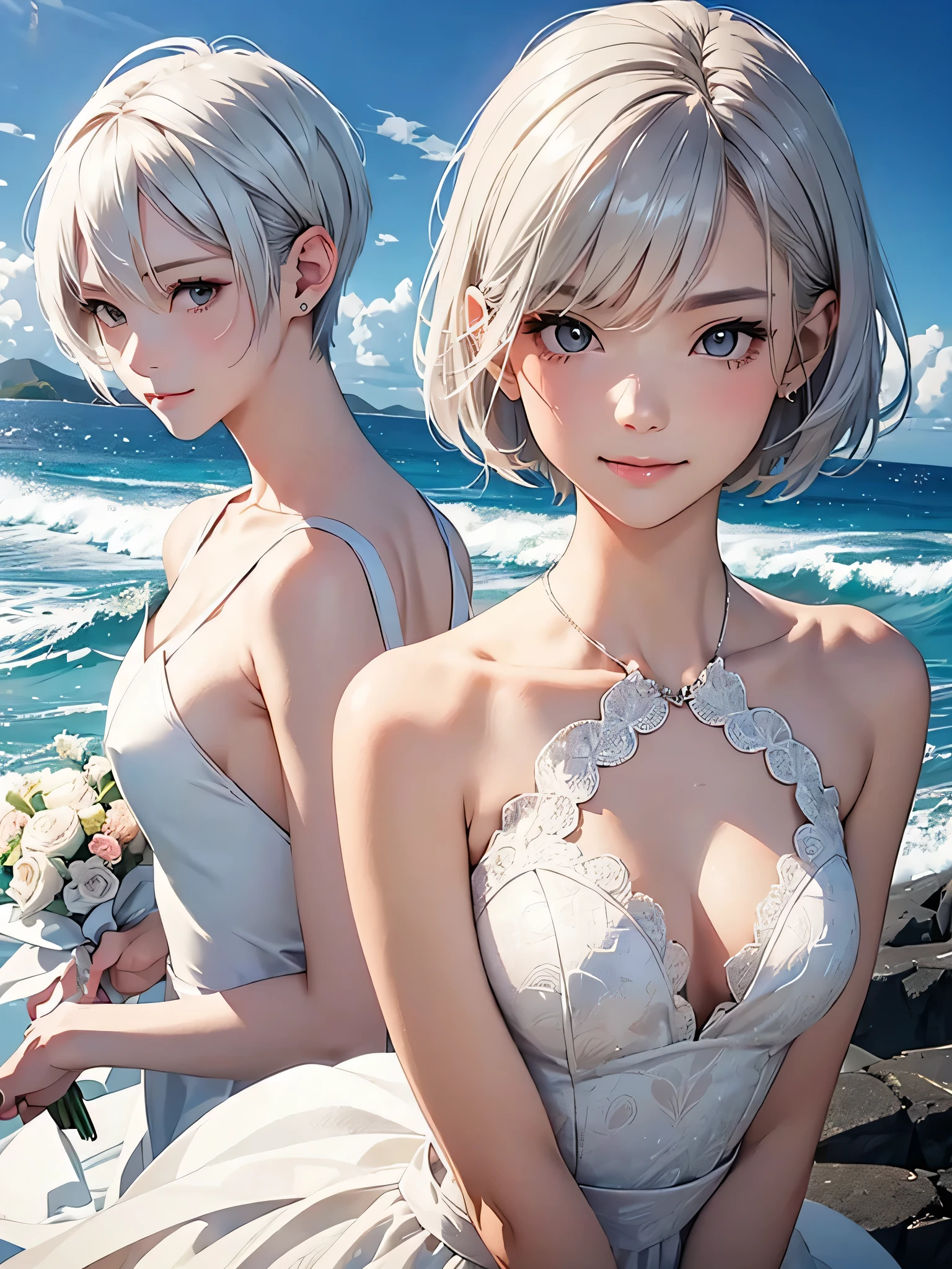 highest quality、Realistic、Women、Japanese、zoom、look up、cute、smile、Ocean、Gray eyes、Platinum Blonde Hair、Very Short Hair、Wedding dress、Face close-up、slender、Small