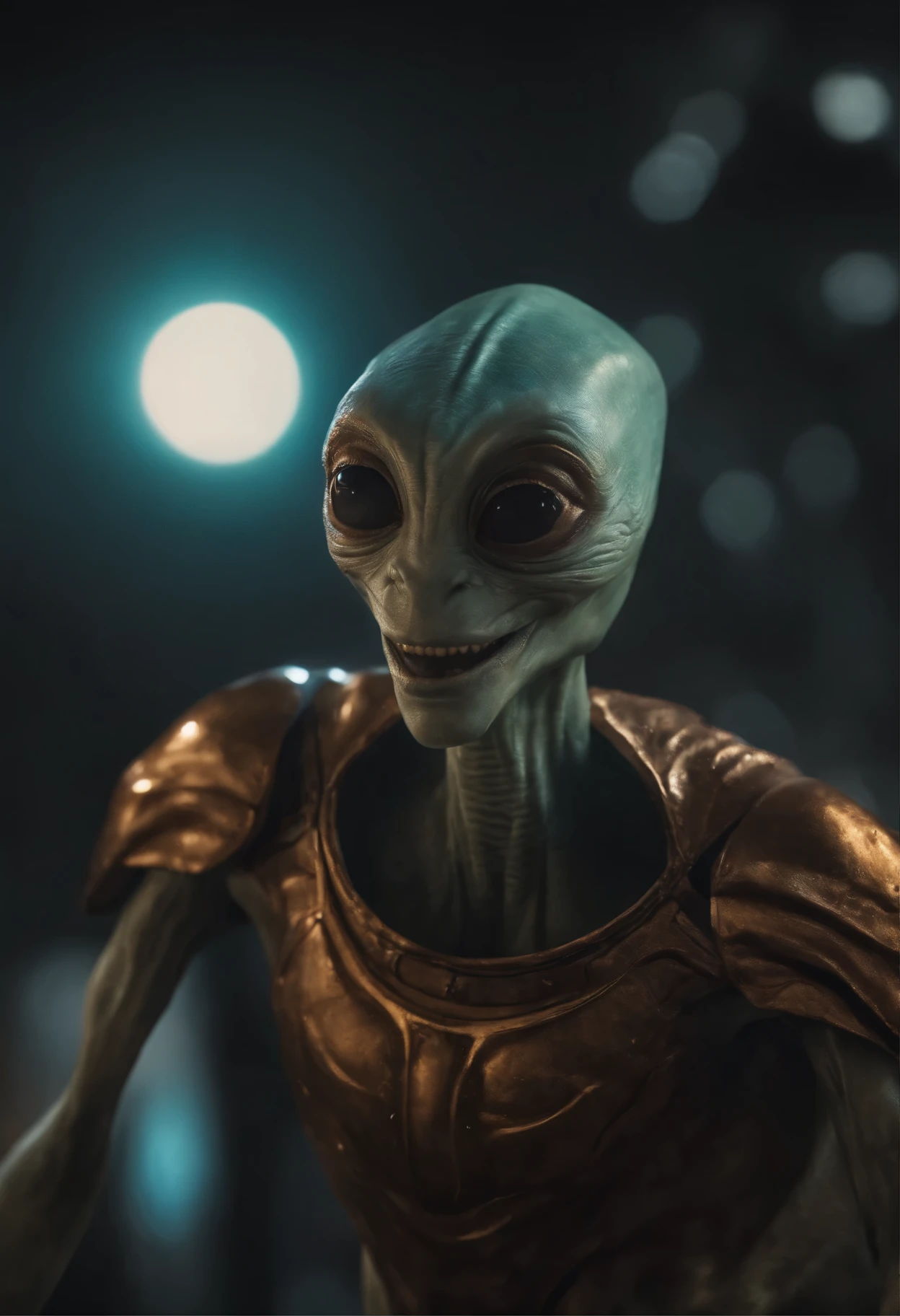 A flat-headed alien creature smiling, 2 olhos negros, agradecendo , [illustration] durante (A melhor qualidade,4K,8k,Altas,Obra de arte:1.2), ultra detalhado, (realista,Fotorrealista,Fotorrealista:1.37), HDR, Ultra HD, studio lighting, extreme detailed description, profesional, cores vivas, Bokeh, [Artista conceitual], [Science fiction], [retrato], [Paisagem] e fundo de galaxia mais realista