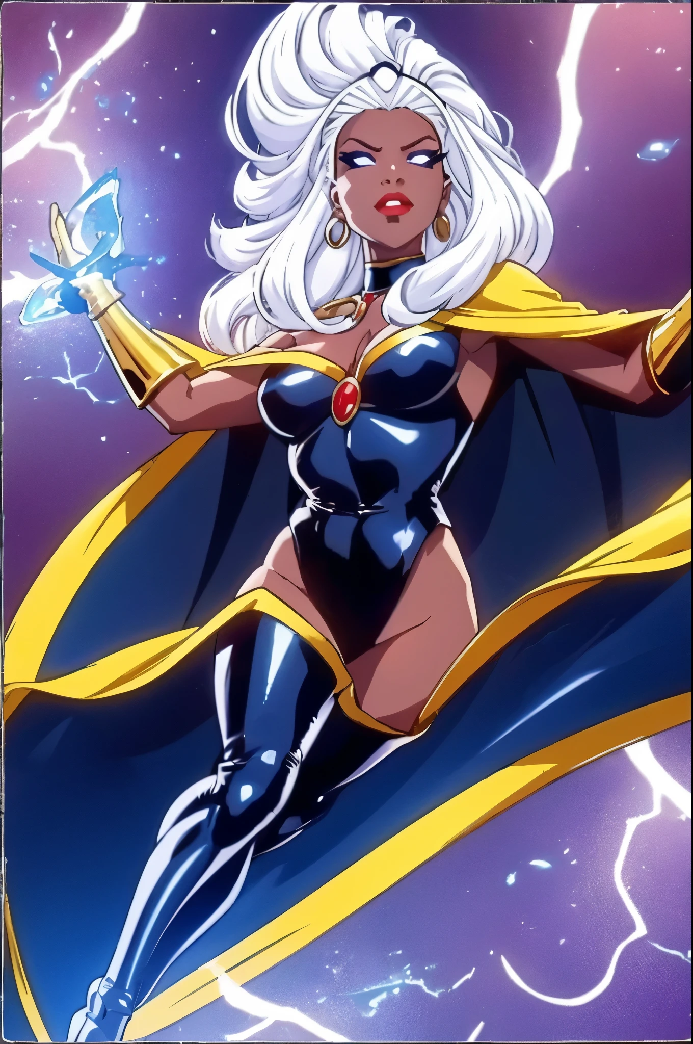 CARTOON_X_MENs_Storm,ownwaifu, mohawk hair,white hair,dark skin,dark-skinned female,breasts,lips,blue eyes,very dark skin,medium breasts,lipstick,floating hair,very long hair,makeup,big hair,curly hair,red lips,eyelashes,toned, jewelry,earrings,cape,bracelet,bodysuit,gloves,superhero,choker, 1girl, solo, looking at viewer,straight-on, upper body, official art, highres, scenery, (masterpiece:1.1), (best quality,:1.1), (high quality:1.1), (anime screencap:1.2),