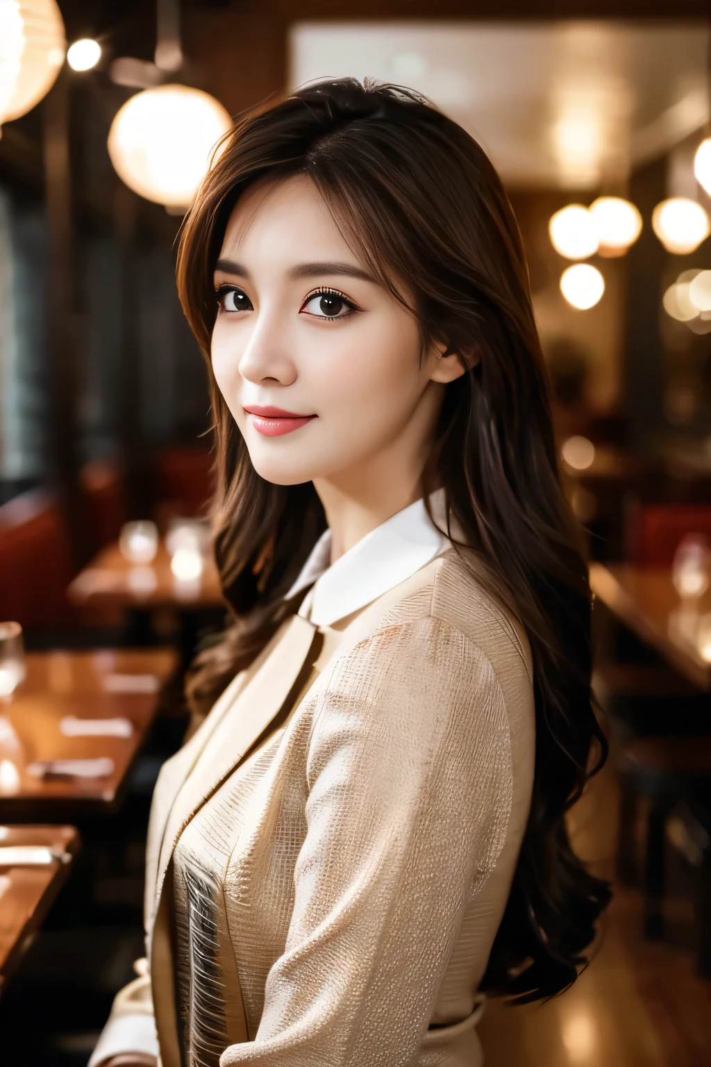 masterpiece, highest quality, Realistic, Very detailed, Finer details, High resolution, 8k wallpaper, One beautiful woman, Wear casual business attire, In a great restaurant, At night, Light brown messy hair, Perfect dynamic composition, Beautiful and beautiful eyes
