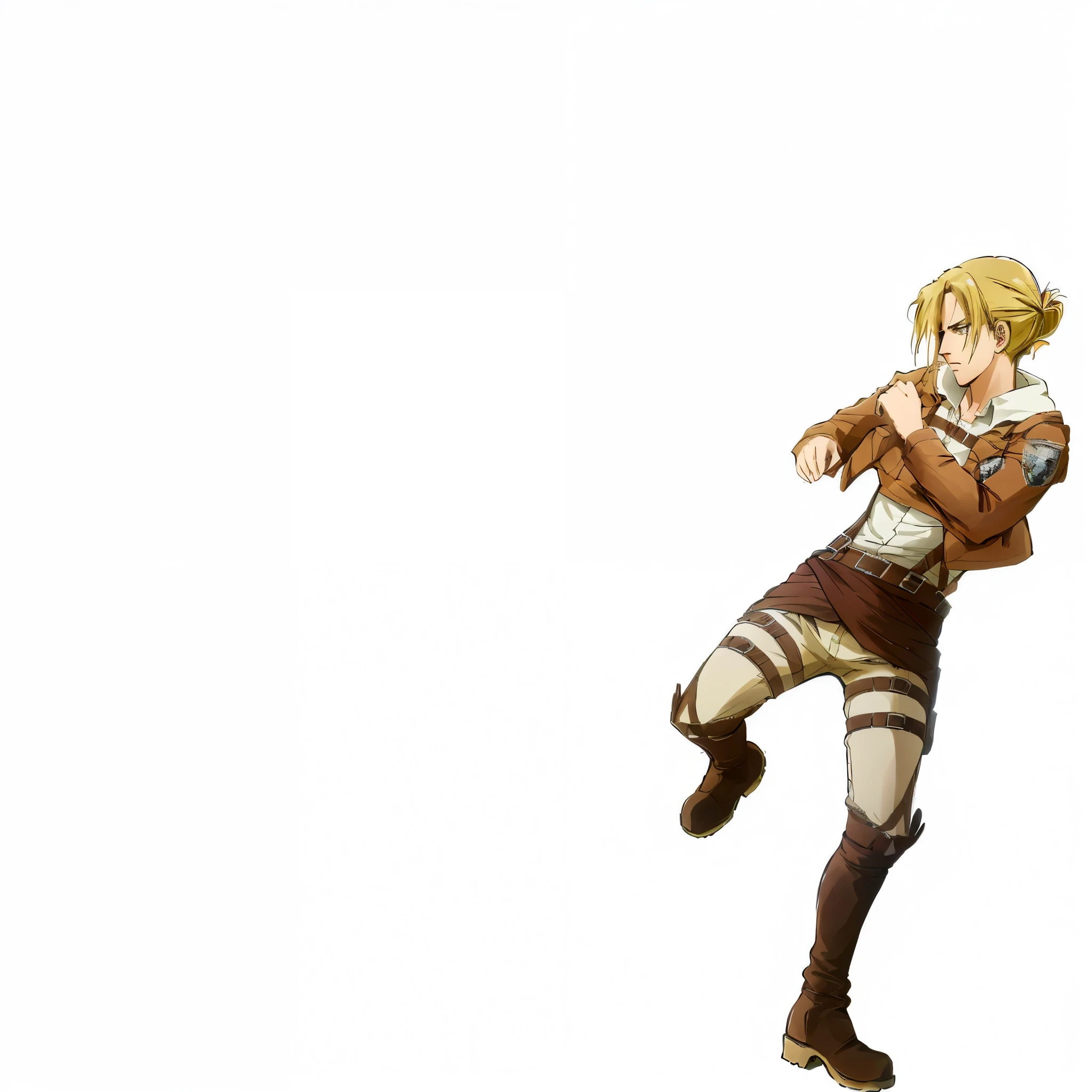 attack on titan, anime, character design, 1girl, Annie leonhart, facing sideways, sideshot, cinematic, close combat, raising her leg to kick, attack posture, serious, blank background, 4k, cinematic