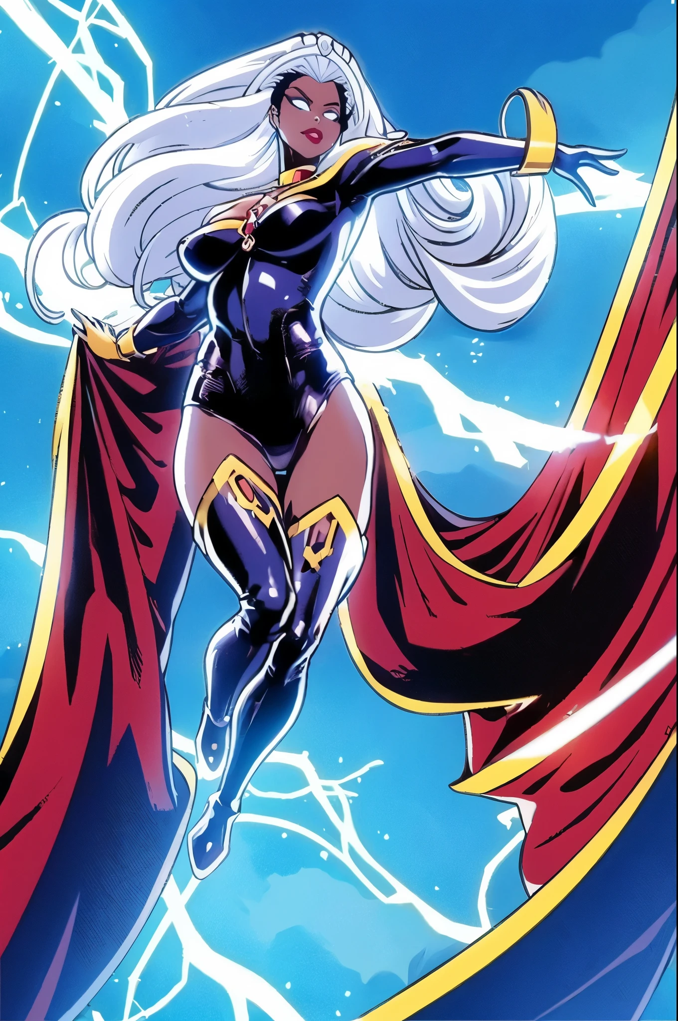 CARTOON_X_MENs_Storm,ownwaifu, long hair,white hair,dark skin,dark-skinned female,breasts,lips,blue eyes,very dark skin,medium breasts,lipstick,floating hair,very long hair,makeup,big hair,curly hair,red lips,eyelashes,toned, jewelry,earrings,cape,bracelet,bodysuit,gloves,superhero,choker, 1girl, solo, looking at viewer,straight-on, upper body, official art, highres, scenery, (masterpiece:1.1), (best quality,:1.1), (high quality:1.1), (anime screencap:1.2),