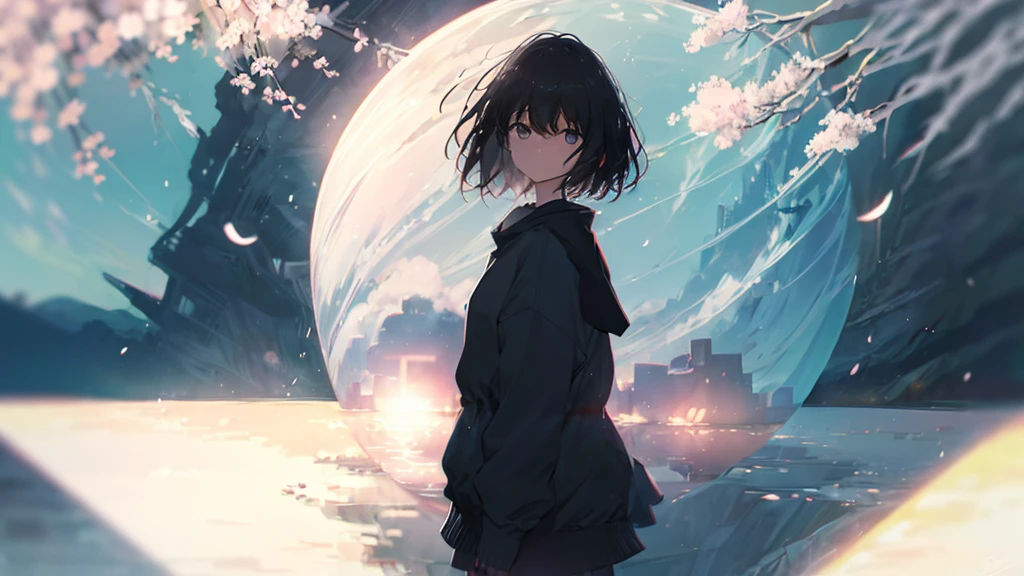 Product illustration for Girl in the Wind,cherry blossoms,In water,water,black hair,short bob,white skin,Pale complexion,Light skin tone,face forward,Are standing