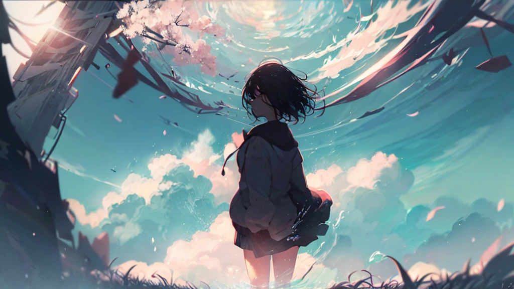 Product illustration for Girl in the Wind,cherry blossoms,In water,water,black hair,short bob,white skin,Pale complexion,Light skin tone,face forward,Are standing