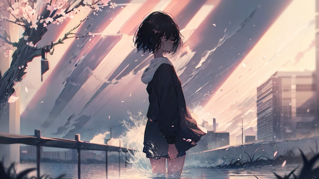 Product illustration for Girl in the Wind,cherry blossoms,In water,water,black hair,short bob,white skin,Pale complexion,Light skin tone,face forward,Are standing